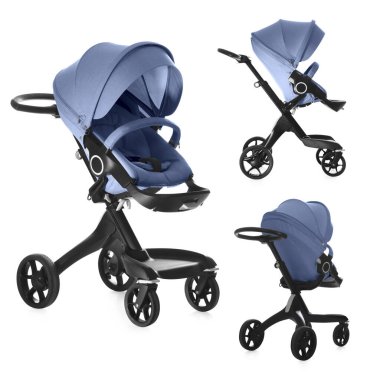 Bebek arabası. Soluk mavi gölgelikli modern bebek arabası beyaz, farklı taraflarda izole edilmiş.