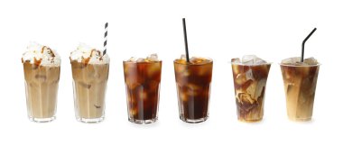 Farklı bardaklarda buzlu kahve içecekler, beyaz, set.