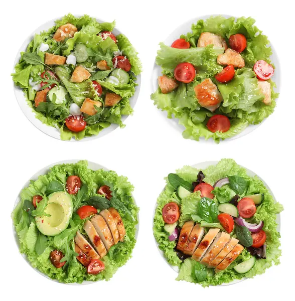 Beyaz arka planda eti olan lezzetli taze salatalar, set. Üst görünüm