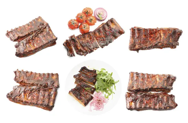 Beyaz arka planda nefis ızgara kaburgalar, kolaj.