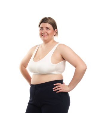 Kilo kaybı. Artı beyaz arka planda boy kadın.