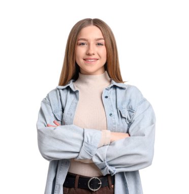 Portrait of smiling teenage girl on white background