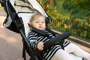 Parktaki bebek arabasında şirin bir bebek. Metin için boşluk