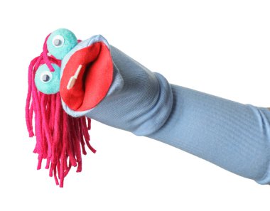 Beyaz saçlı, komik çorap kuklası.