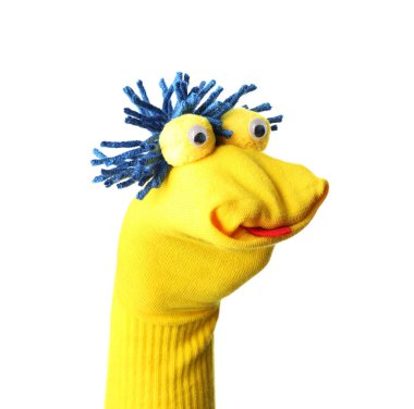 Beyaz saçlı, komik çorap kuklası.