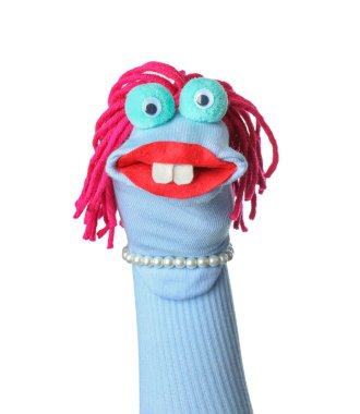 Beyaz saçlı, komik çorap kuklası.