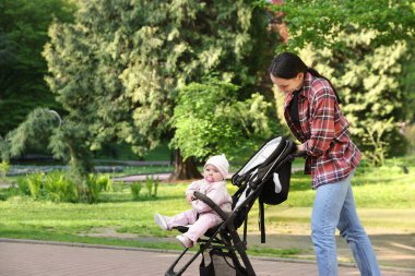 Anne bebeğiyle parkta bebek arabasında yürüyor. Metin için boşluk