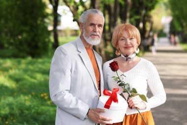 Hediye kutusu ve parkta gül taşıyan sevimli yaşlı çift.