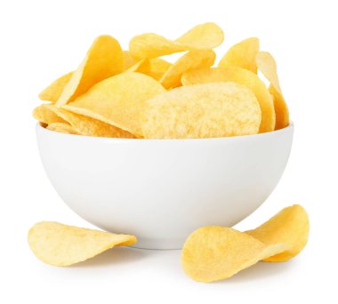 beyaz izole kase lezzetli patates cipsi