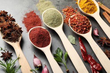 Gri masadaki kaşıklardaki farklı baharatlar, yakın plan.