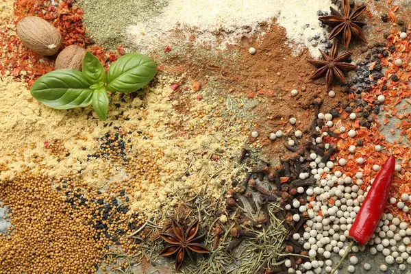 Arka plan olarak birçok farklı baharat, üst görünüm