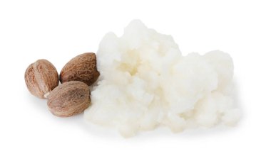 Beyaz üzerine izole edilmiş Shea yağı ve fındık
