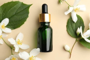 Temel yağ, güzel yasemin çiçekleri ve bej arka planda yeşil yapraklar.