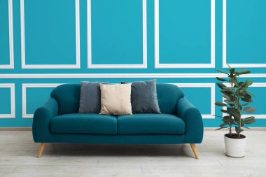 Rahat kanepesi ve mavi duvarı olan şık bir oturma odası. İç tasarım