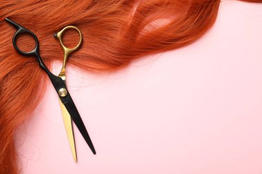 Açık pembe arka planda saç teli ve makas, üst manzara. Metin için boşluk