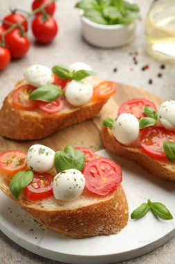 Mozarella peynirli, domatesli ve fesleğenli lezzetli sandviçler, yakın plan.