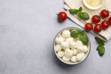Lezzetli mozzarella peynirli toplar, domatesler ve açık gri masada fesleğen, düz yatak. Metin için boşluk