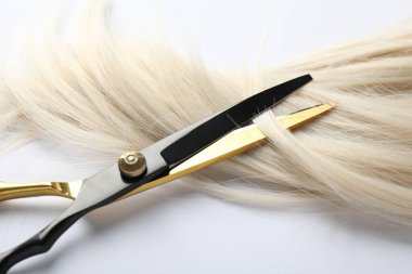 Beyaz arkaplanda saç kilidi ve makas, yakın plan