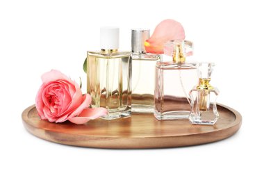 Birçok farklı parfüm şişeleri ve güller beyaz üzerine izole edilmiş.