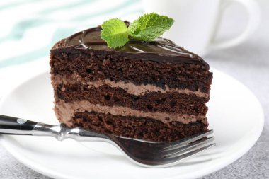 Bir parça lezzetli çikolatalı pasta, üzerinde nane ve çatal, yakın plan.