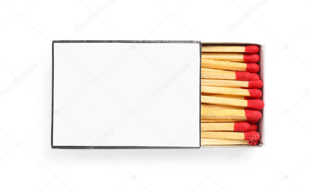 Matches in box isolated on white, top view. Mockup for design