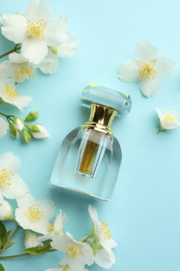 Bir şişe parfüm ve açık mavi arka planda güzel yasemin çiçekleri.