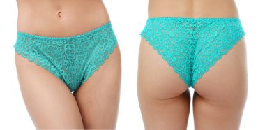 Beyaz arka planda turkuaz iç çamaşırlı kadın, yakın plan. Ön ve arka görünüm, kolaj