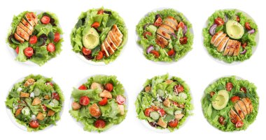 Beyaz arka planda eti olan lezzetli taze salatalar, set. Üst görünüm