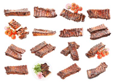 Beyaz arka planda nefis ızgara kaburgalar, kolaj.