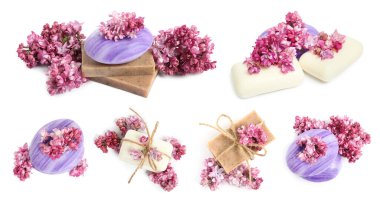 Sabun çubukları ve beyaza izole edilmiş aromatik leylak çiçekleri, kolaj