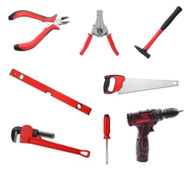 Beyaz arkaplanda farklı inşaat araçları, kolaj