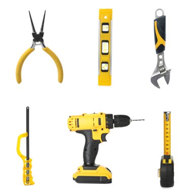 Beyaz arkaplanda farklı inşaat araçları, kolaj