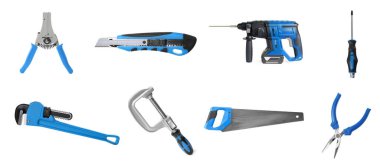 Beyaz arkaplanda farklı inşaat araçları, kolaj