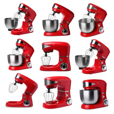 Kırmızı karıştırıcı beyaz üzerine izole edilmiş, kolaj