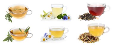 Cam bardaklarda bitki çayı, beyaz kolaj.