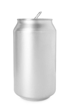 Bir gümüş teneke kutu beyaza izole edilmiş