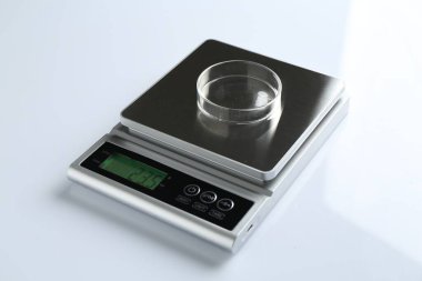 Beyaz arkaplanda Petri kabı olan laboratuvar ölçeği, yakın plan