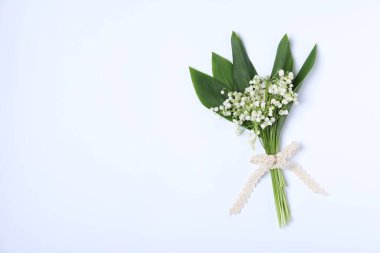 Beyaz arka planda, vadideki güzel zambak çiçekleri, üst manzara. Metin için boşluk