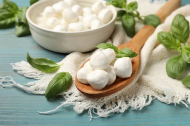 Mozzarella peynir topları ve fesleğen mavi ahşap masada, yakın plan.