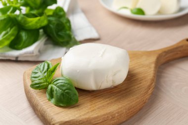 Ahşap masada mozzarella peyniri ve fesleğen, yakın plan.
