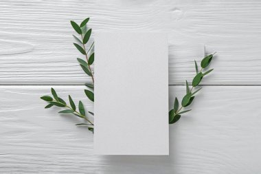 Boş davetiye kartı ve beyaz ahşap masanın üzerinde dallar, düz uzanmış. Tasarım için boşluk
