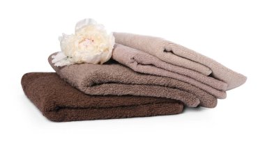 Yumuşak havlular ve şakayık çiçekleri beyaz üzerine izole edilmiş.