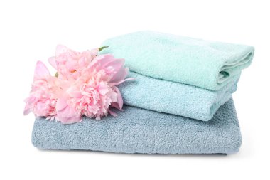 Yumuşak havlu yığını ve şakayık çiçekleri beyaz üzerine izole edilmiş.