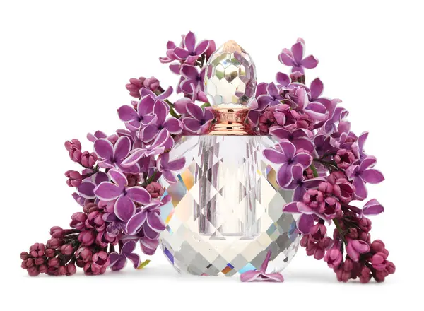 Bir şişe lüks parfüm ve beyaza ayrılmış leylak çiçekleri.