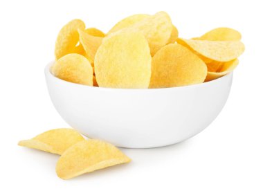 beyaz izole kase lezzetli patates cipsi