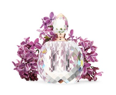 Bir şişe lüks parfüm ve beyaza ayrılmış leylak çiçekleri.