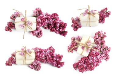 Sabun çubukları ve beyaza izole edilmiş aromatik leylak çiçekleri, kolaj. Üst ve yan görünüm