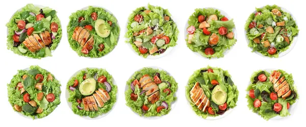 Beyaz arka planda eti olan lezzetli taze salatalar, set. Üst görünüm