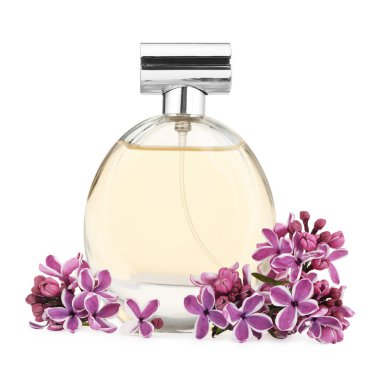 Bir şişe lüks parfüm ve beyaza ayrılmış leylak çiçekleri.