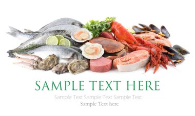 Beyaz arka planda farklı deniz ürünleri. Metin için alanı olan pankart tasarımı